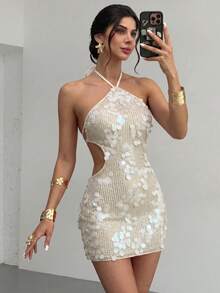 SYchuan Women's Fashion Sleeveless Halter Neck Fitted Mini Dress, Shiny Sequin Decor, Sexy Backless Design, Suitable For Holiday Events - Apricot - View 8