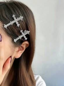 2 piezas Pinzas para el cabello estilo Y2K dulce y cool con metal cruzado y pedrería de cocodrilo, pinzas versátiles premium para cabello liso, para el cabello lateral y el flequillo, accesorios para el cabello - Plateado - Ver 3