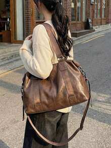 1pc Solid Color Minimalist Fashion Multi-Function Women's Bag, Large Capacity Shoulder Tote Bag, Suitable For Women's Daily Commute And Work - Brown - View 3