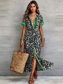 HUTENER Plus Size Women Leopard Print Color Block Short Sleeve Dress With Lapel Collar, Spring/Summer - Green - View 1
