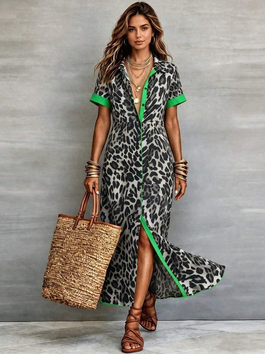 HUTENER Plus Size Women Leopard Print Color Block Short Sleeve Dress With Lapel Collar, Spring/Summer - Green - View 1