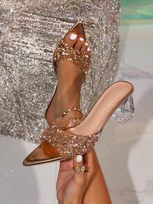 Women's Luxury Sequin Rhinestone Pointed Toe Transparent Chunky Heel Open Toe Slides, Outdoor Slippers For Evening Gown Matching - Champagne - View 1