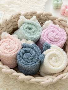 1/3/5/15 Pares de Meias Femininas de Textura Torcida em Fleece de Coral até a Panturrilha, Meias Macias e Felpudas para Casa, Sono e Chão, com Punho em Cor Contrastante, Meias Quentes de Inverno - Multicolorido - Visão 5