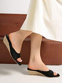 2026 Spring/Summer New Women's Faux Leather Mule Wedge Open-Back Sandals - Black - View 3