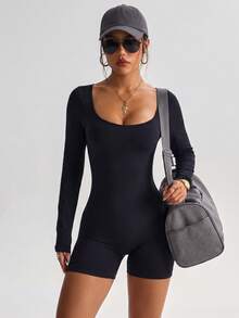 European And American Sexy Bodycon Design Black Square Neck Long-Sleeve Seamless Tummy Control Sports Jumpsuit Fall - Black - View 3