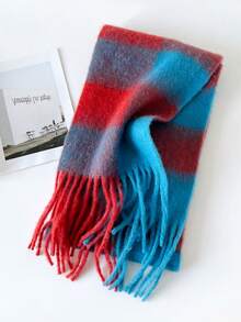 1PcWomen Fuzzy Mohair Texture Plaid Fringe Scarf, Oversized Color Block Check Winter Warm Neck Wrap Shawl - Red and Blue - View 4