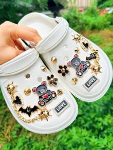18pcs Gold & Black Bear, Flower, Bat, Letter, Heart, Rivet Punk Style Shoe Charms Accessories Compatible With Perforated Slippers DIY Decor - Black and Gold - View 4