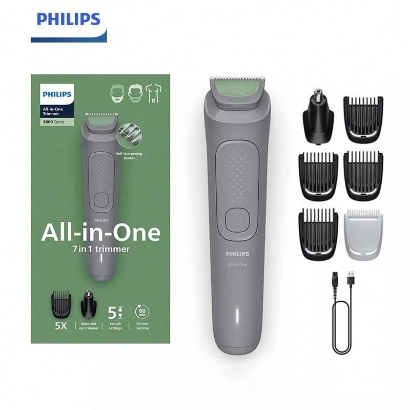 Philips Norelco All-In-One Seri 3000 7 In 1 Trimmer, Alat Cukur Jenggot & Rambut Pria untuk Penggunaan Basah & Kering, Pisau yang Mengasah Sendiri dan Ramah Kulit