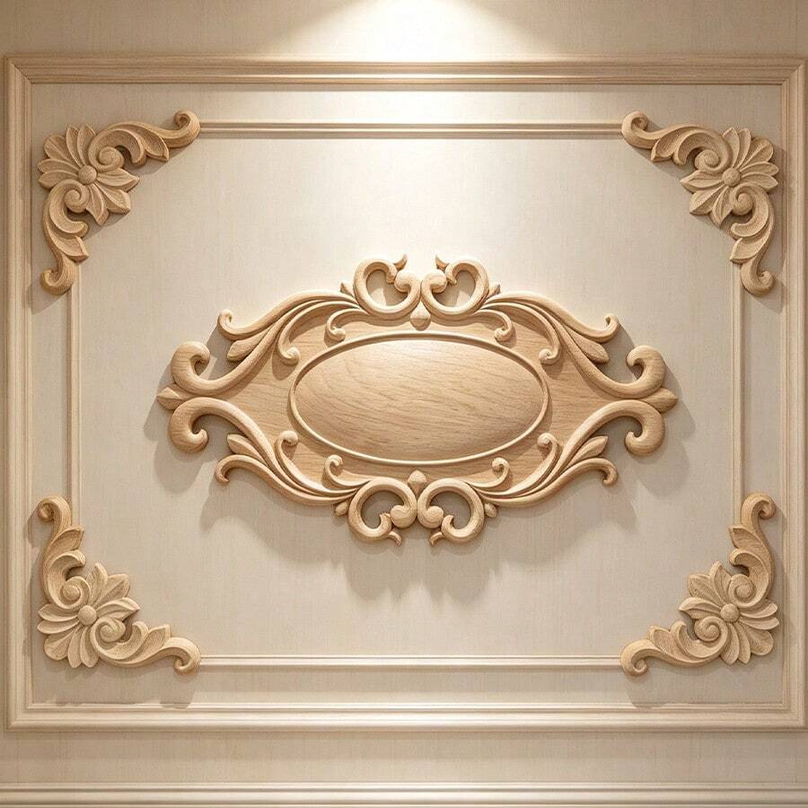 5pcs Solid Wood Carved Diamond Applique Home Decor, Unpainted Wood Carving Combination Applique, Scroll Carving, Suitable For Cabinets, Doors, Windows, Furniture, Background Walls, Entryways And Other Decorations, Holiday Decor, DIY Decor. - Multicolor - View 1