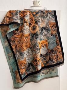 1pc Multi‑Breed Kitty Portrait Pattern 70*188cm Thick Shawl, Heavy Brushed Polyester Imitation Cashmere, Fall Winter Multi‑Use Wrap For Trip Gathering - Multicolor - View 3