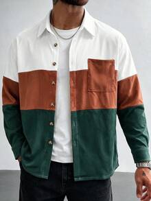 Modcrash Mens Autumn Business Casual Shirt, Colorblock Patchwork Button Up Long Sleeve Top, Vintage Office Commute Wear - Multicolor - View 5