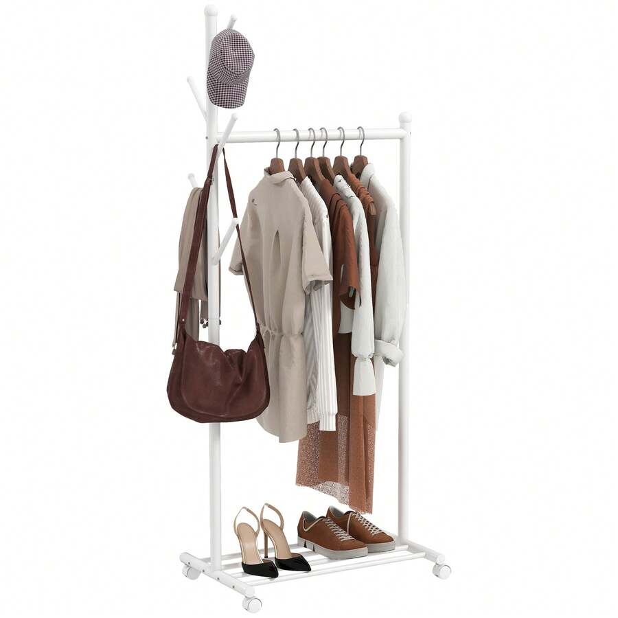 Perchero con ruedas, estante para zapatos y 5 ganchos, 68 x 43 x 171 cm, blanco - Multicolor - Ver 1