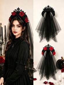 1pc Gothic Crown Veil Headband, Artificial Rose Flower Headband, Dark Vampire Cosplay Hair Accessory, Suitable For Halloween, Christmas Costume Party, Formal Ball (17*56cm/6.69*22.05in) - Crown Veil - View 1