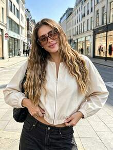 Women's Fashion Long Sleeve Regular Fit Fabric Bomber Jacket, Suitable For Spring And Autumn Casual Outings, Featuring Comfortable Non-Stretch Design. - Beige - View 7