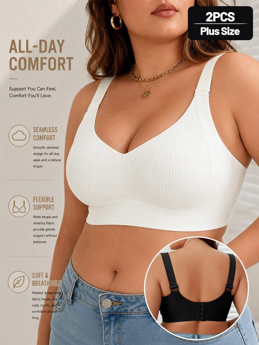 2pcs EssElegance Wireless Push-Up Seamless Everyday Bra, Ultra Soft Breathable Fabric, Suitable For Daily Wear - Multicolor - View 1