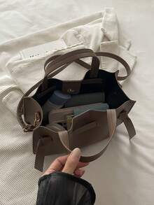 Solid Color Minimalist Lychee Textured Handbag, Crossbody Bag With Strap, Buckle Bucket Bag - Coffee - View 10