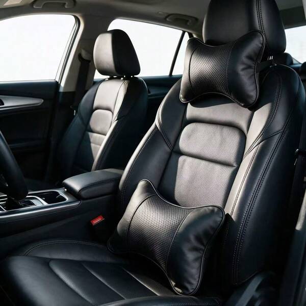 Juego de almohada para cuello y soporte lumbar de cuero PU para coche, cojín de respaldo y reposacabezas de asiento de coche transpirable y perforado, accesorios cómodos para el interior del coche