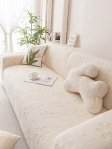 1pc Beige Plush Sofa Cover, Multifunctional Full Wrap Sofa Slipcover, Solid Color Geometric Pattern Design, Pet Friendly Anti-Slip Anti-Dirty, Holiday Decor Stretch Fitted Sofa Cover, Fits 1/2/3/4 Seater - Beige - View 1