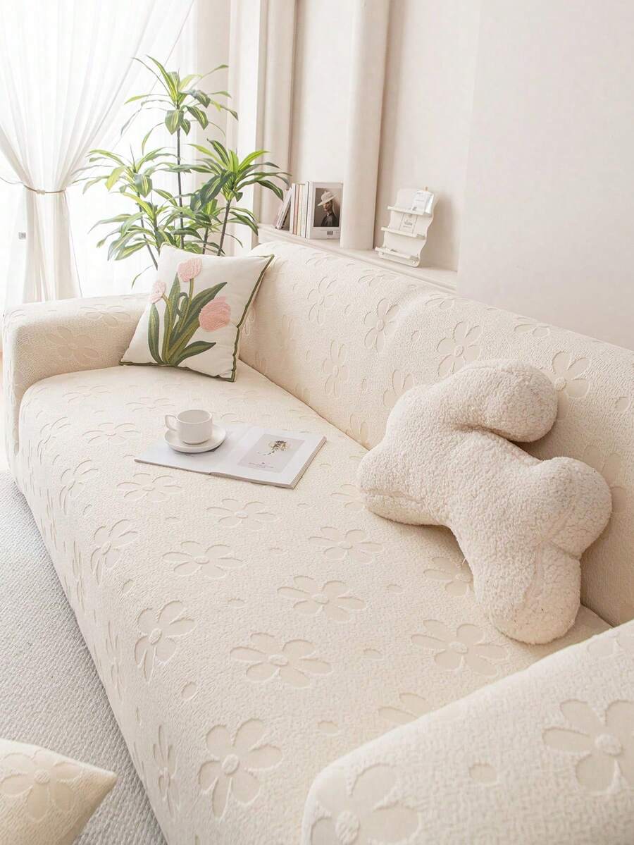 1pc Beige Plush Sofa Cover, Multifunctional Full Wrap Sofa Slipcover, Solid Color Geometric Pattern Design, Pet Friendly Anti-Slip Anti-Dirty, Holiday Decor Stretch Fitted Sofa Cover, Fits 1/2/3/4 Seater - Beige - View 1