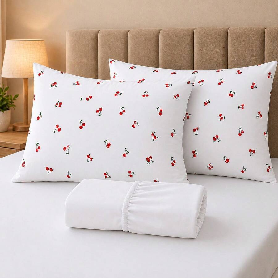 King Size 3-Piece Sheet Set, 400 Thread Count Micropercal, Soft Touch, With Fitted Sheet And Printed Pillowcases - CHERRY - WHITE - View 1