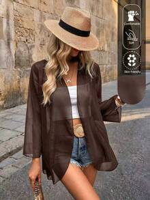 Chaqueta ligera y transparente de manga acampanada de unicolor casual de vacaciones para primavera - Café integral - Ver 1