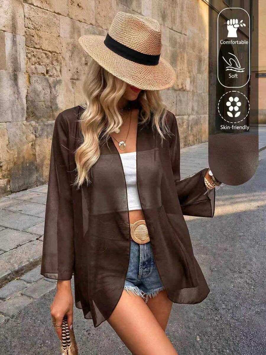 Chaqueta ligera y transparente de manga acampanada de unicolor casual de vacaciones para primavera - Café integral - Ver 1
