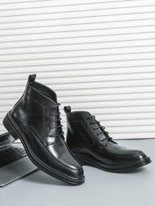 Men's Lace-Up High-Top Dress Boots, Pointed Toe Ankle Boots For Commuting, Business, Urban Style, Daily Wear, Casual, Versatile, Travel And Hiking - Black - View 2