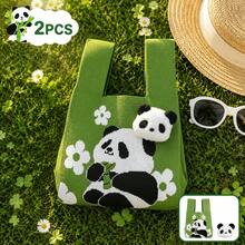 2pcs Cute Panda Handbag With Panda Accessories, Large Capacity Knitted Woven Bag, Versatile Cartoon Tote Bag, New Holiday Gift Bag Souvenir - Multicolor - View 7