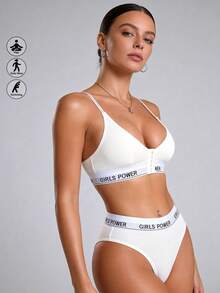 Runway Rest Front Closure Wireless Letter Pattern Ladies Bra Set - White - View 2