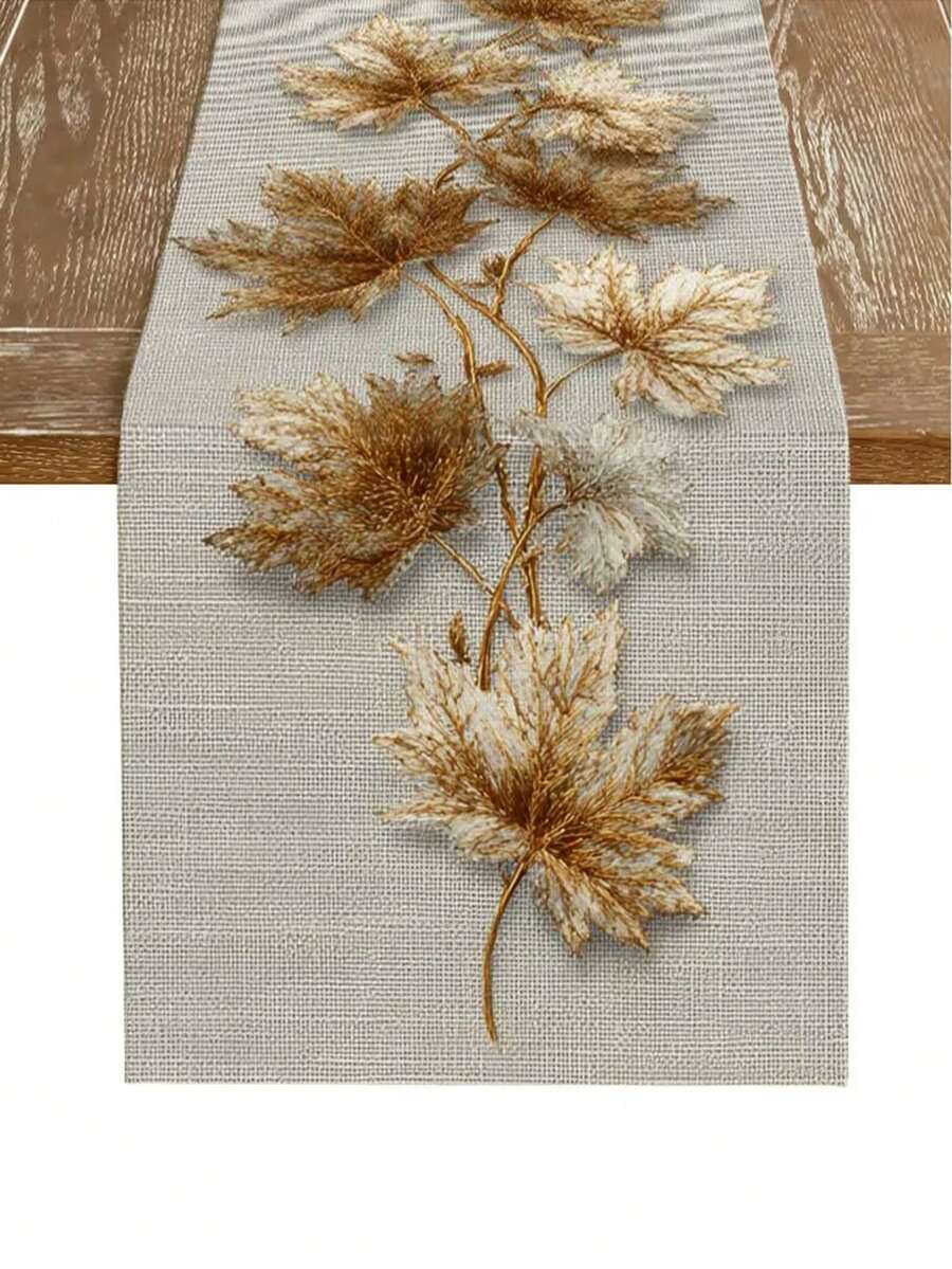 1pc, 2D Flat Printing, Plain Table Flag With Maple Leaf Branches, Autumn-Themed Plant Table Flag Suitable For All Seasons, Natural Minimalist Style, Non-Real Embroidery, 2D Printed Polyester Tablecloth And Flag - Gold - View 1
