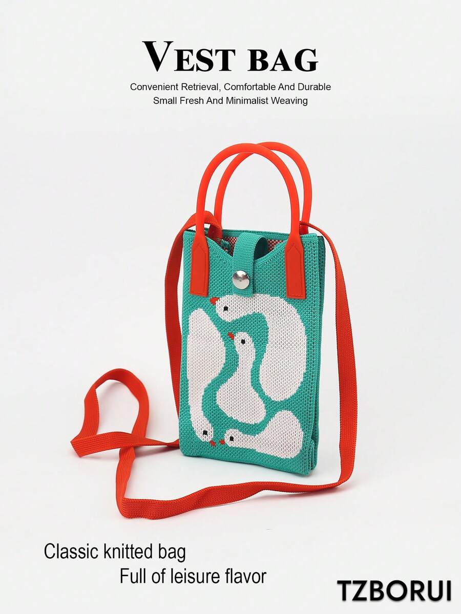 Bolso de teléfono de punto con diseño de animales de dibujos animados para mujer, bolso de mano mini, bolso cruzado, múltiples patrones disponibles, bolsa de compras, bolsa de regalo para vacaciones, adecuado para todas las estaciones - Multicolor - Ver 1