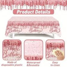 1pc Pink Rectangular Party Tablecloth, Plastic Material, With Crown Balloon Glitter Drip Print, Waterproof Oil-Proof Disposable, Suitable For Adult Theme Birthday, Anniversary, Small Gathering, Dinner Party Decoration, Create Exquisite Romantic Party Atmosphere - A - View 5