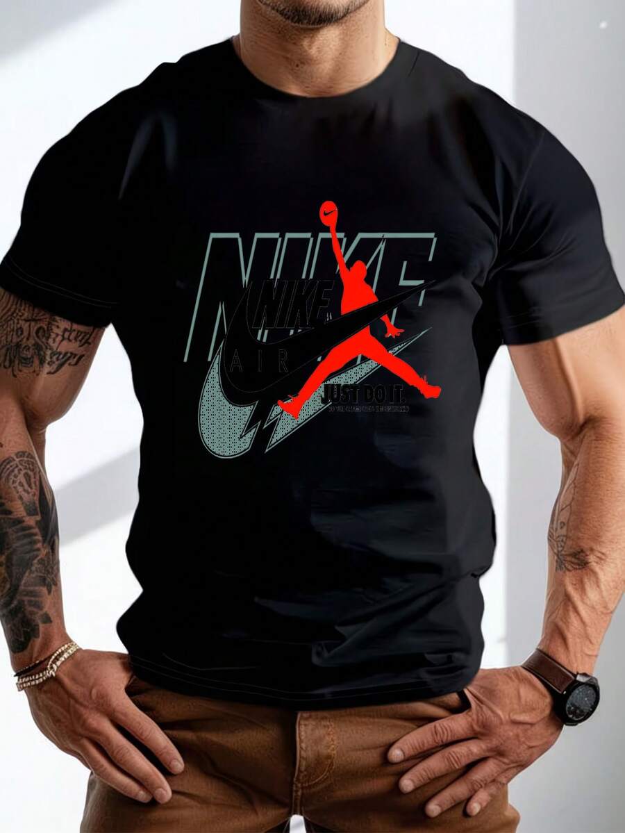 Men's Pure Cotton Short-Sleeved T-Shirt Casual Summer Graphic Tee Comfortable Breathable Daily Wear Basic Top - 黑色 - 查看 1