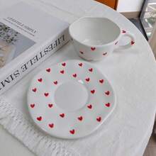250ml Hand-Painted Underglaze Ceramic Coffee Cup And Saucer, Vintage Ins Style Coffee Shop Afternoon Tea Cup, Suitable For Daily Use - Red Heart - View 4