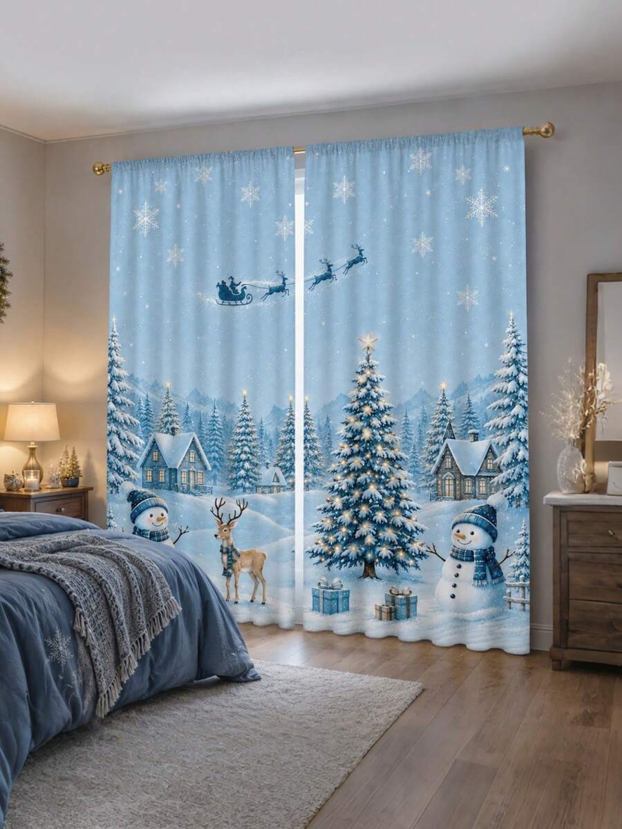 2Pcs Blue Winter Landscape Christmas Curtains, Santa Claus Sleigh Snowman Pine Tree Gift Box Bedroom Holiday Curtains - Christmas - View 1