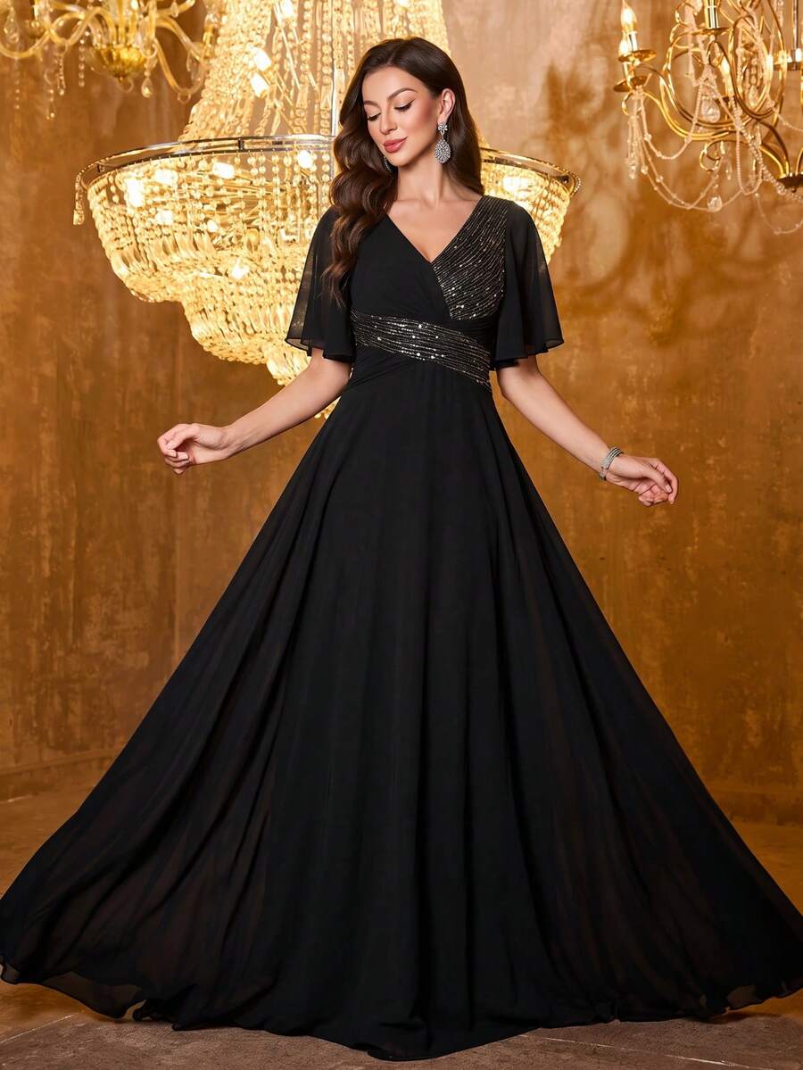 Women's V-Neck Backless Ruffle Sleeve Sequin Patchwork Chiffon Party Dress - Black - View 1