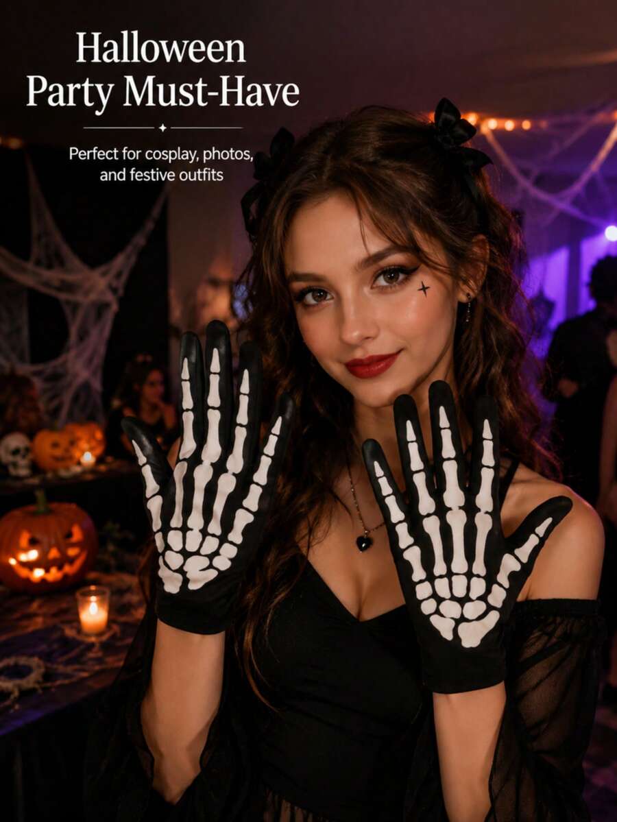 1 Pair Glow-In-The-Dark Halloween Skeleton Print Gloves, Unisex Full Finger Costume Gloves, Party Cosplay Role Play Holiday Accessory - Black - View 1