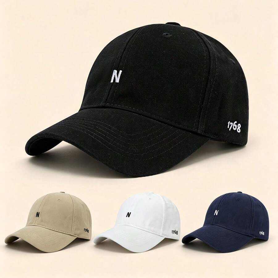 1pc Letter N & 1768 Embroidered Baseball Cap Solid Color Adjustable Soft Brim Casual Sun Hat Unisex Outdoor Sports Cap