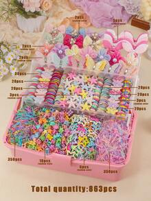 863pcs Shiny Plush Girls Hair Accessories Set, Including Sequin Butterfly Plush Hair Clips, Starfish/Bow/Flower Hair Clips, Star Snap Clips, Mini Claw Clips, Rabbit/Butterfly Hair Ties, Bamboo Joint Towel Ring Ruffled Elastic Hair Bands And TPU Rubber Bands, Suitable For Daily, Party, Travel Use - Multicolor - View 11