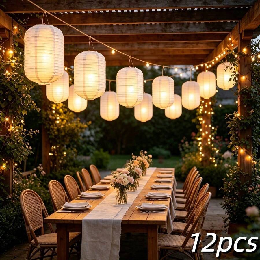12 buah Lampion Kertas Bulat Putih Berbentuk Melon Musim Dingin untuk Dekorasi Gantung, Dapat Dilipat, Cocok untuk Dekorasi Pernikahan, Hiasan Halaman, Lampu Tidak Termasuk - A - View 1