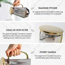 68 Oz Glass Pitcher With Lid – 2 Liter Water Carafe For Fridge, Large Iced Tea Jug For Home, Party & Coffee Table, Heavy Duty (Clear) - Gold Cap Grey - View 6