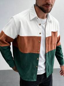 Modcrash Mens Autumn Business Casual Shirt, Colorblock Patchwork Button Up Long Sleeve Top, Vintage Office Commute Wear - Multicolor - View 3