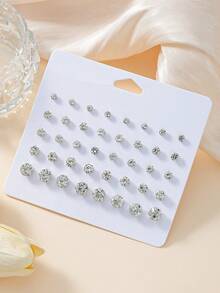 20 Pairs Multi-Size Fashion Shiny Rhinestone Stud Earrings Set For Women, Suitable For Daily Wear, Commute, Date And Multiple Occasions, Jewelry Holiday Gift - Silver - View 1