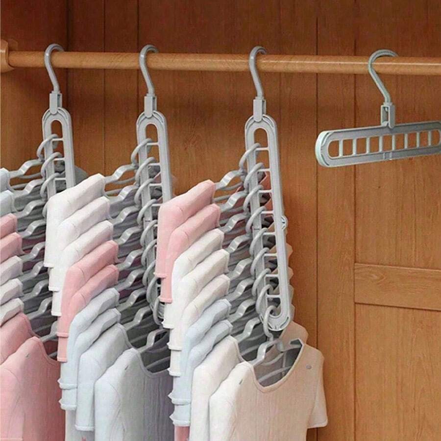 5pcs/Pack - Grey 9-Hole Multi-Function Hanger Storage Rack -- Equipped With Grey Rotating Hooks, Non-Slip And Space-Saving. Suitable For Hanging Coats, Shirts, Dresses, Ties And Pants.
