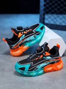 1 Pair Unisex Kids' Dual-Mesh Patchwork Soft Lightweight Rotating Button Colorblock Running Shoes, Breathable Jelly Transparent Sole Gradient Casual Fashion Sports Shoes - Orange - View 2
