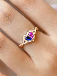 This Customized Heart-Shaped Birthstone Ring Features A Double Half-Heart Design, Symbolizing A Deep And Unbreakable Bond, Representing Your Consistent Heartbeat And Walking Together Through The Four Seasons Of Life. - Multicolor - View 11
