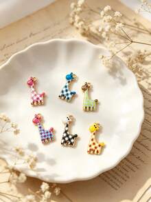 1/6pcs Plaid Pattern Giraffe Enamel Pendant, Colorful Square Animal Metal Charm, Suitable For DIY Necklace, Bracelet Jewelry Making Material, Suitable For Daily Wear - Multicolor - View 1