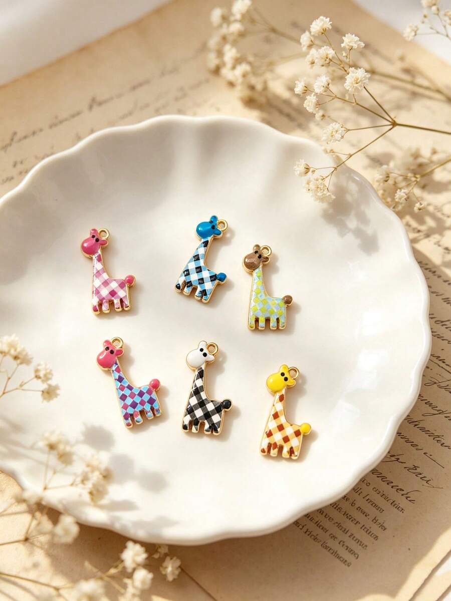 1/6pcs Plaid Pattern Giraffe Enamel Pendant, Colorful Square Animal Metal Charm, Suitable For DIY Necklace, Bracelet Jewelry Making Material, Suitable For Daily Wear - Multicolor - View 1