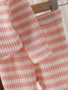 2pcs Set Baju dan Celana Rajut Lucu untuk Bayi Perempuan, Motif Garis Berongga, Hem Asimetris, Leher Tinggi, Ringan untuk Musim Semi dan Gugur - Berwarna merah muda - View 5