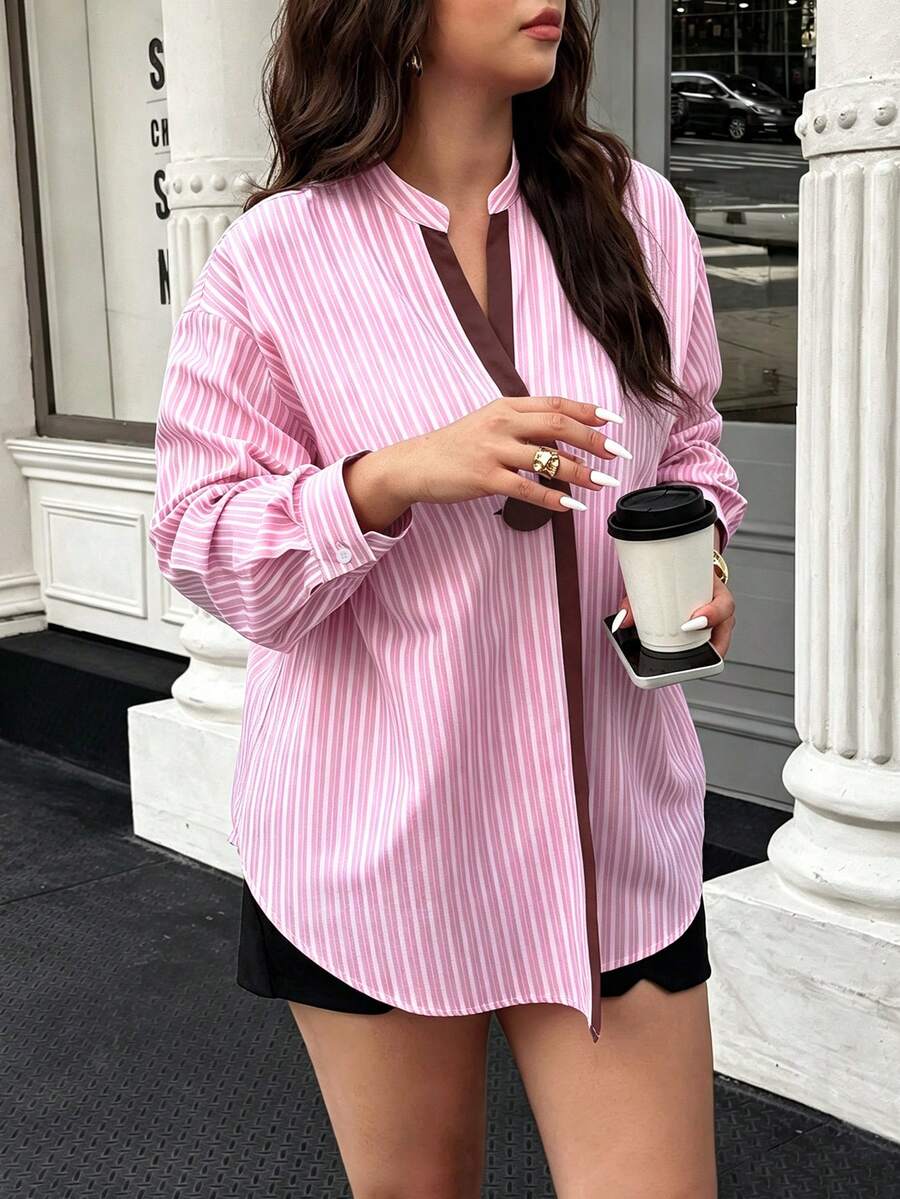 Summer V-Neck Metal Buckle Striped Shirt Casual Commute Style Plus Size Daily Wear - Multicolor - View 1